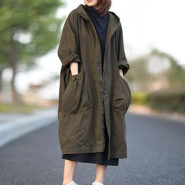 European Plan Plus Size Hooded Single Breasted Windbreaker Simple Casual Solid Color All-match Women Long Coat European Plan Plus Size Hooded Single Breasted Windbreaker Simple Casual Solid Color All-match Women Long Coat