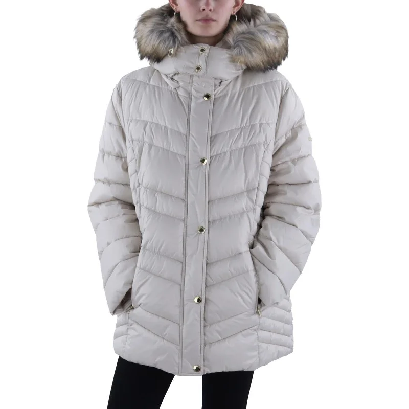 Minimalism Womens Faux Fur Trim Hooded Puffer Jacket