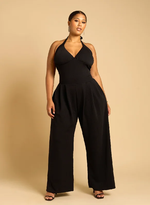 Adelaine Drop Waist Wide Leg Jumpsuit w. Pockets - Black