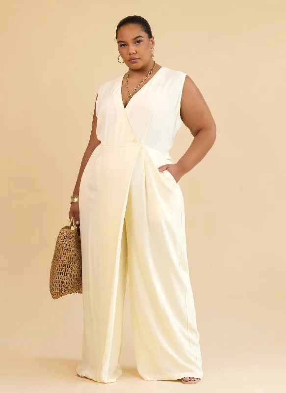 Alia Linen Wrap Overlay Wide Leg Jumpsuit - Ivory