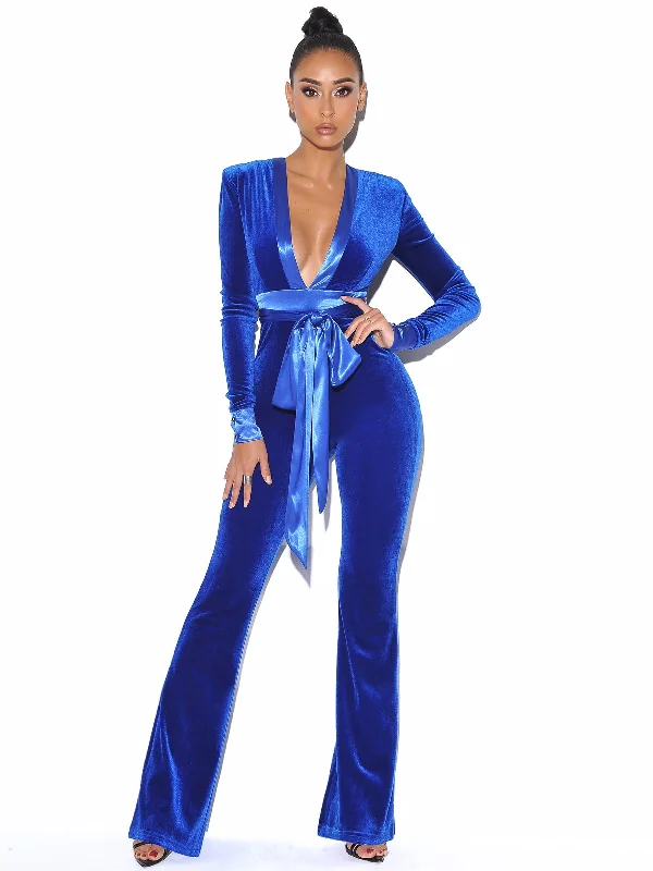 Glorious Royal Blue Long Sleeve Velvet Jumpsuit