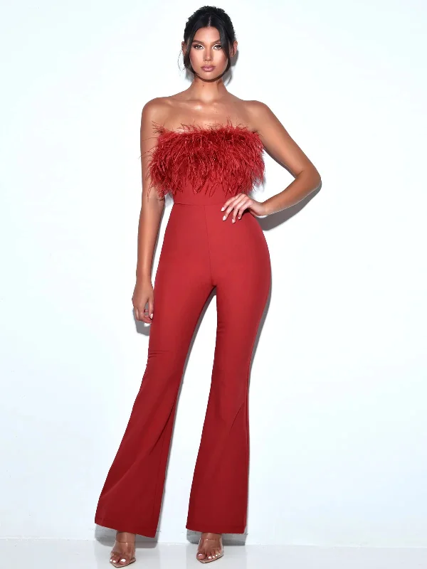 Youthful Street Fashion Kylan Burgundy Feather Jumpsuit