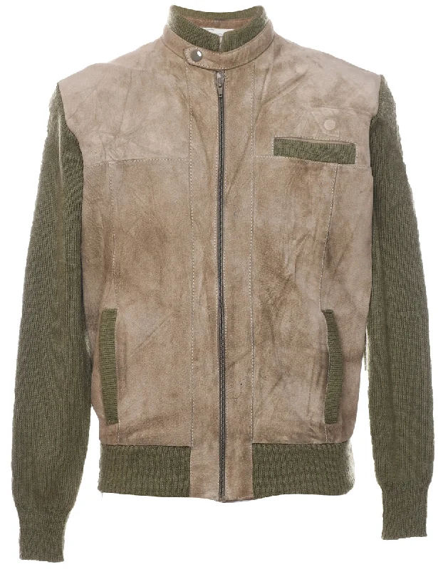 Light Green & Light Brown Contrast Suede Knit Jacket - M