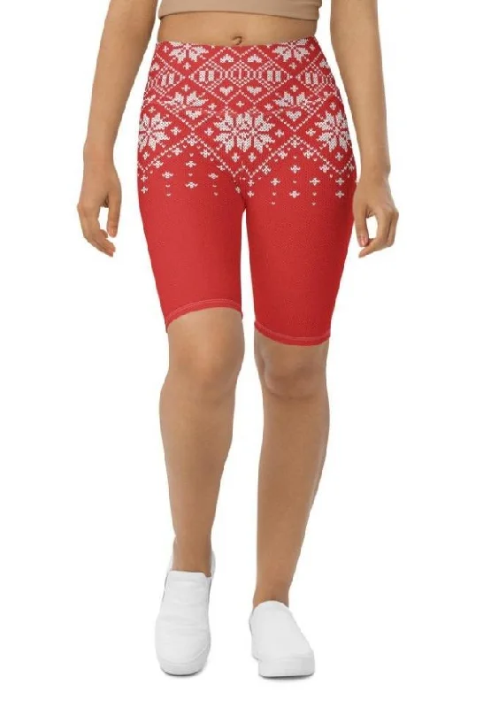 Body Design Red Knitted Print Christmas Biker Shorts