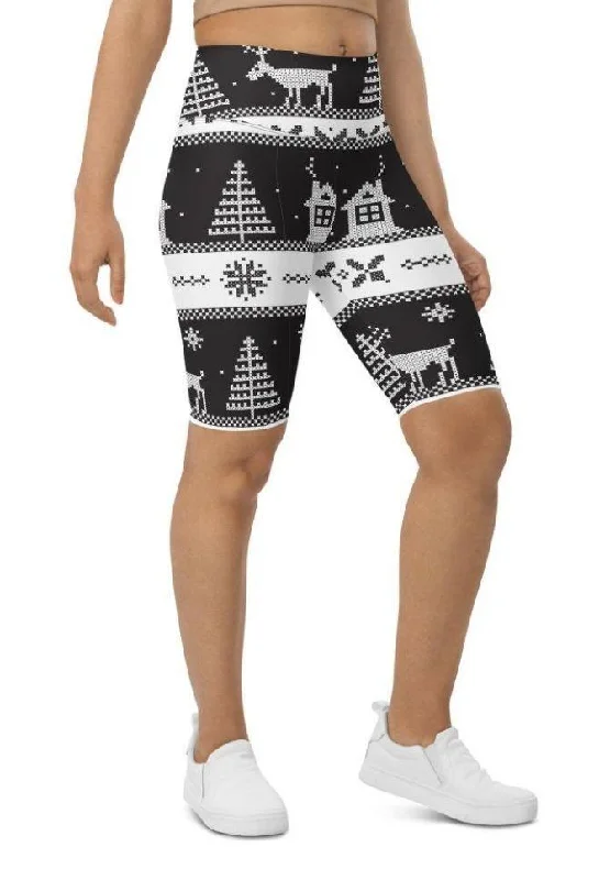 Vintage Black & White Christmas Biker Shorts